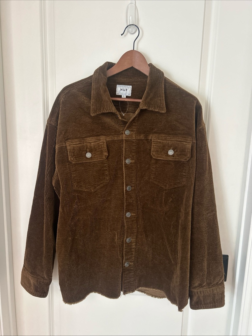 HUF Worldwide Mens Sz M Dark Brown Corduroy Jacket Shacket Utility Chore Raw Hem